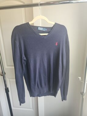 Polo by Ralph Lauren Men's Navy V-Neck Sweater with Red Pony
